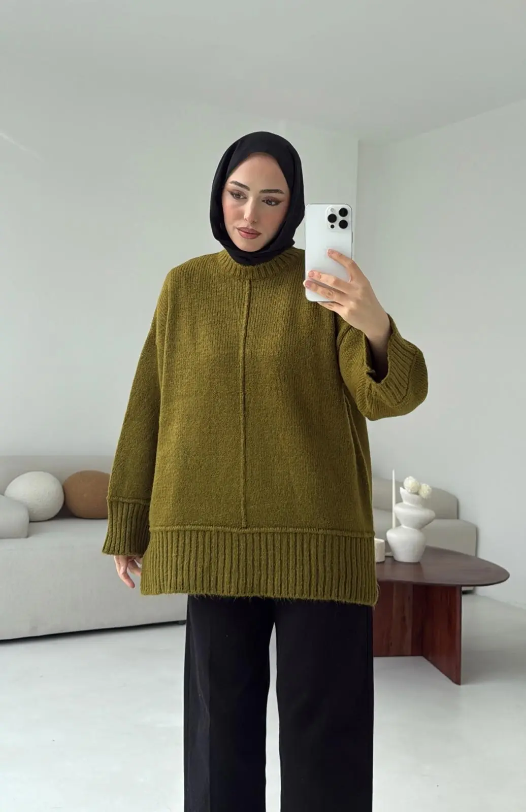 Kalın Manşet Kazak Zeytin Yeşili