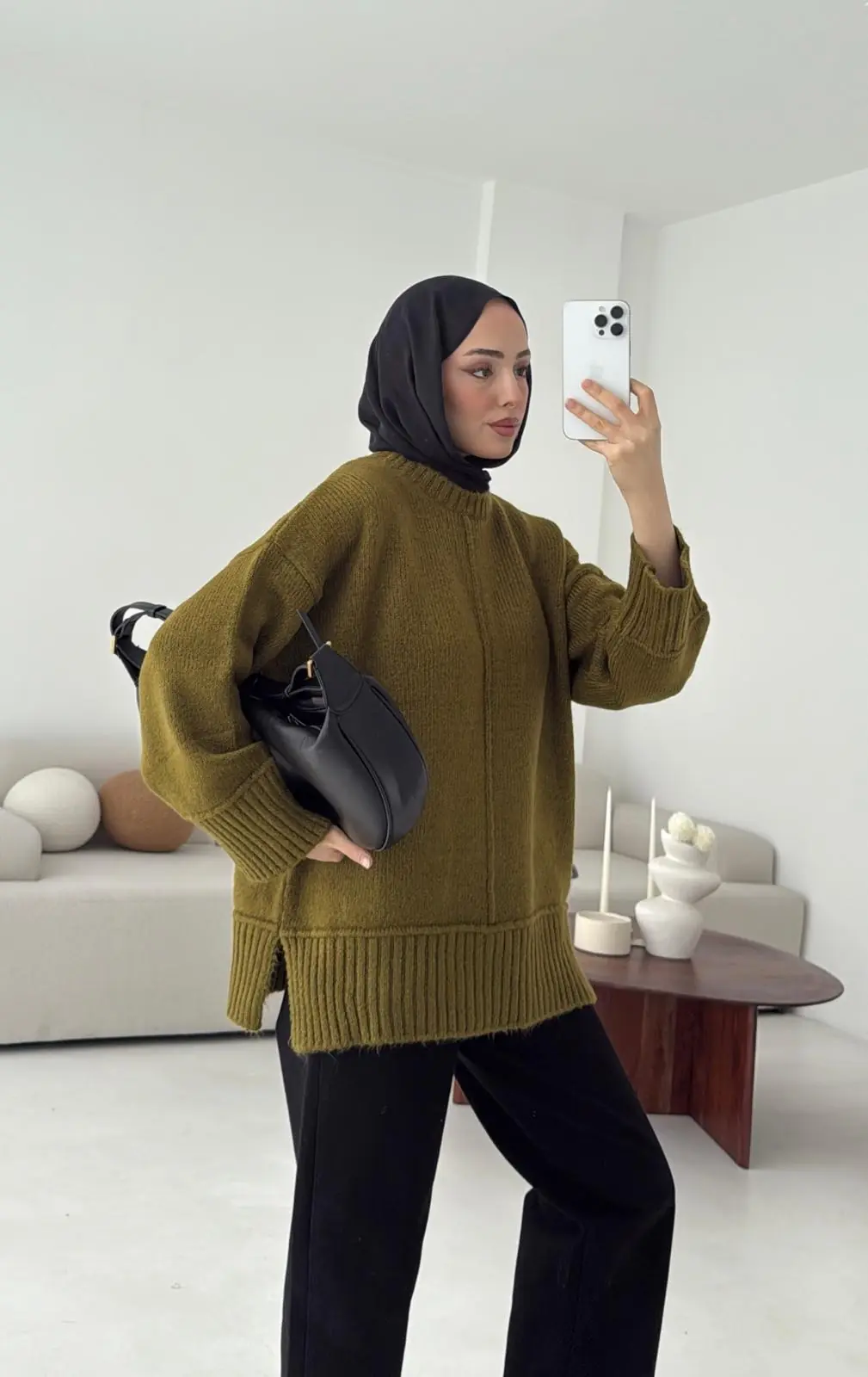 Kalın Manşet Kazak Zeytin Yeşili - Görsel 7