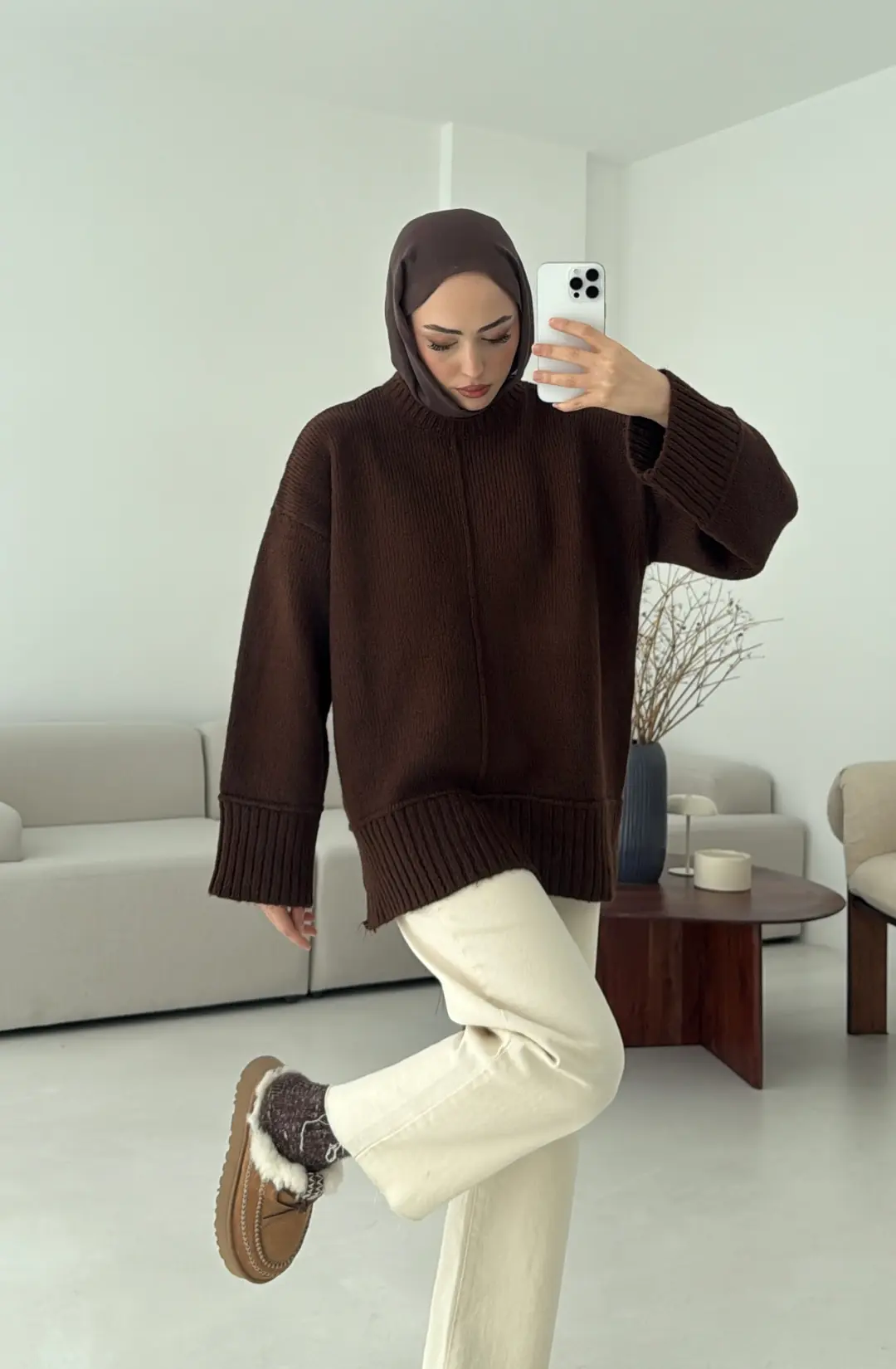 Kalın Manşet Triko Kazak Kahve