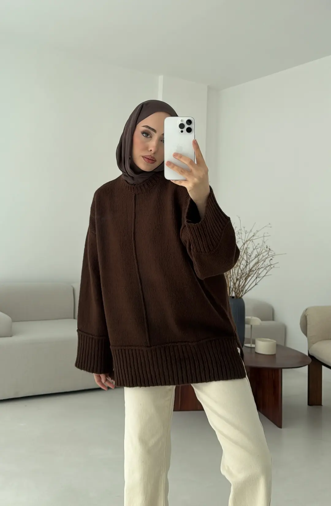 Kalın Manşet Triko Kazak Kahve - Görsel 4