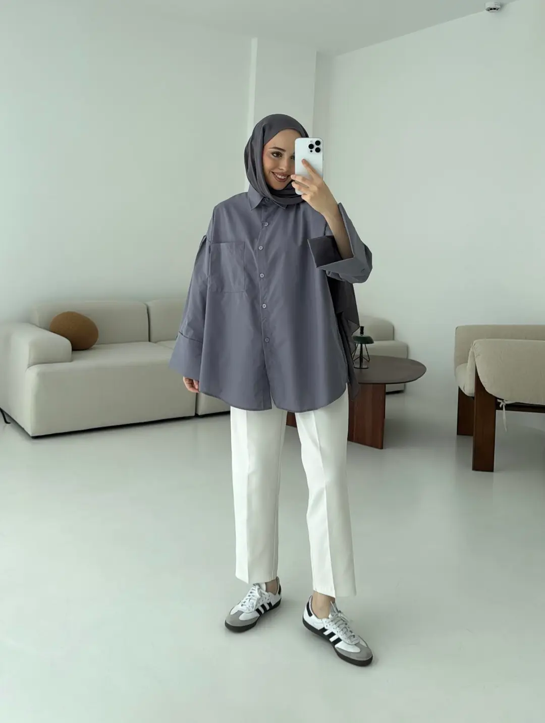 Kalın Manşetli Oversize Antrasit Gömlek - Görsel 5