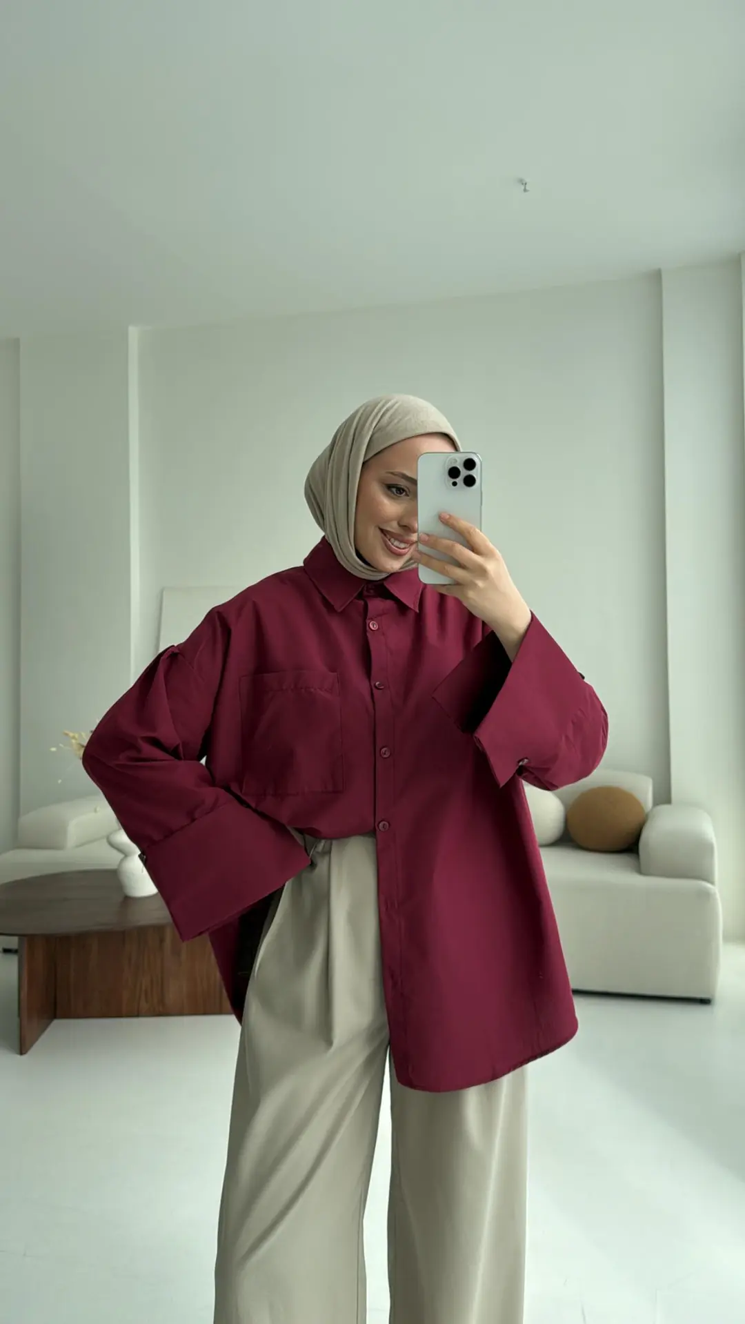 Kalın Manşetli Oversize Bordo Gömlek - Görsel 3