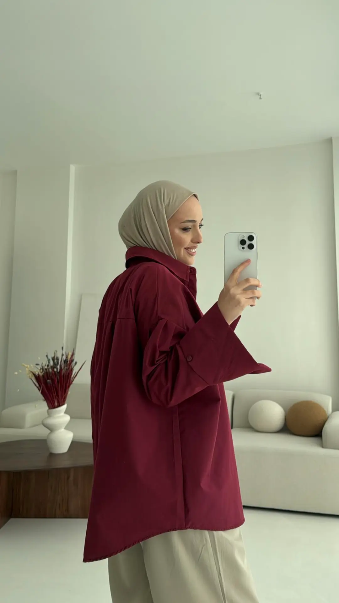 Kalın Manşetli Oversize Bordo Gömlek - Görsel 6