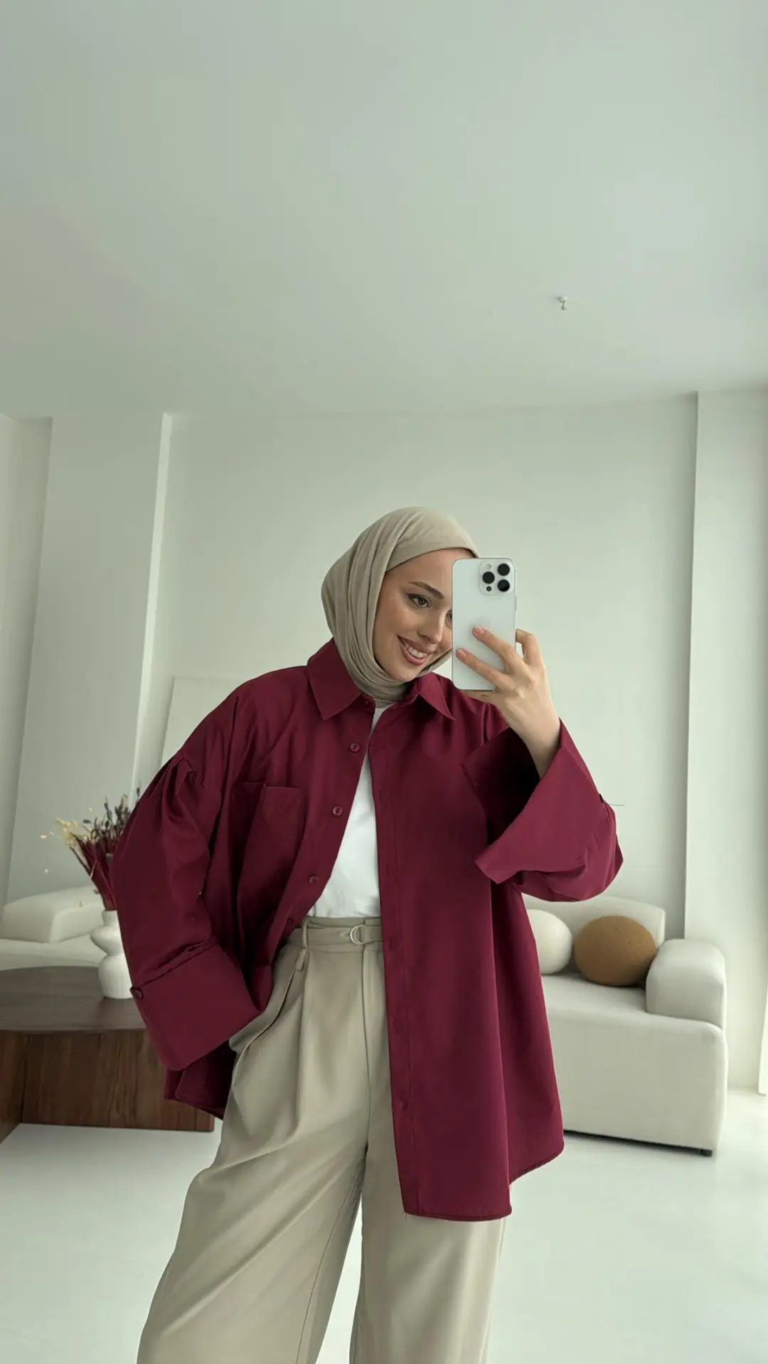 Kalın Manşetli Oversize Bordo Gömlek - Görsel 7