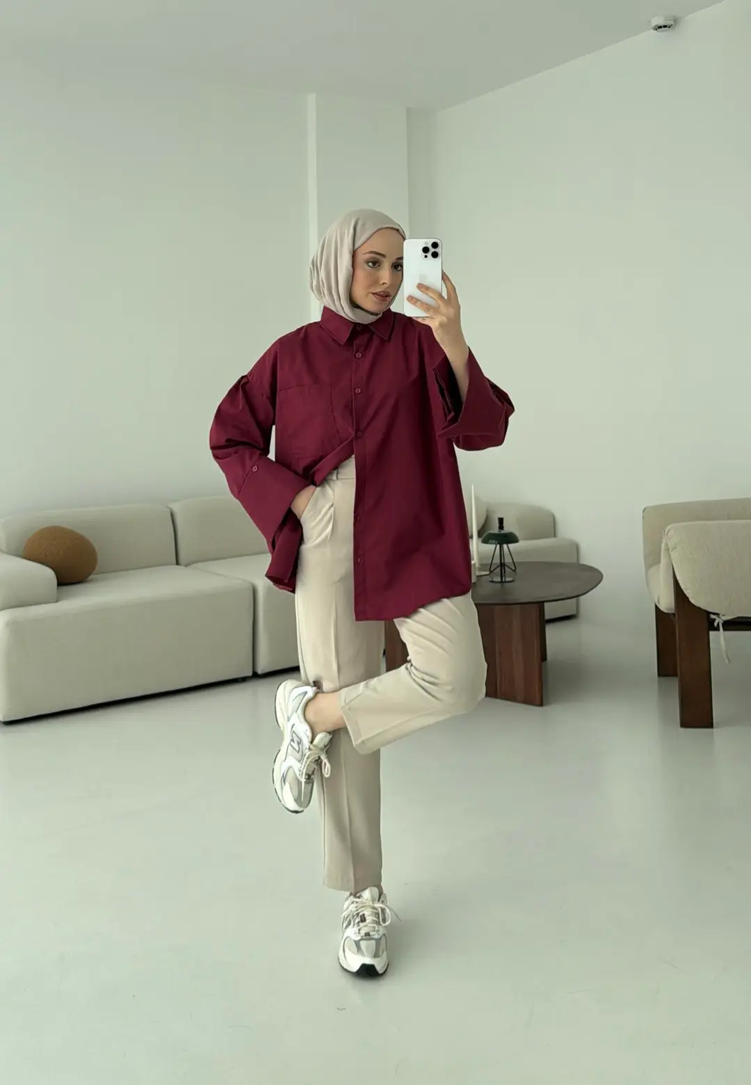 Kalın Manşetli Oversize Bordo Gömlek - Görsel 2