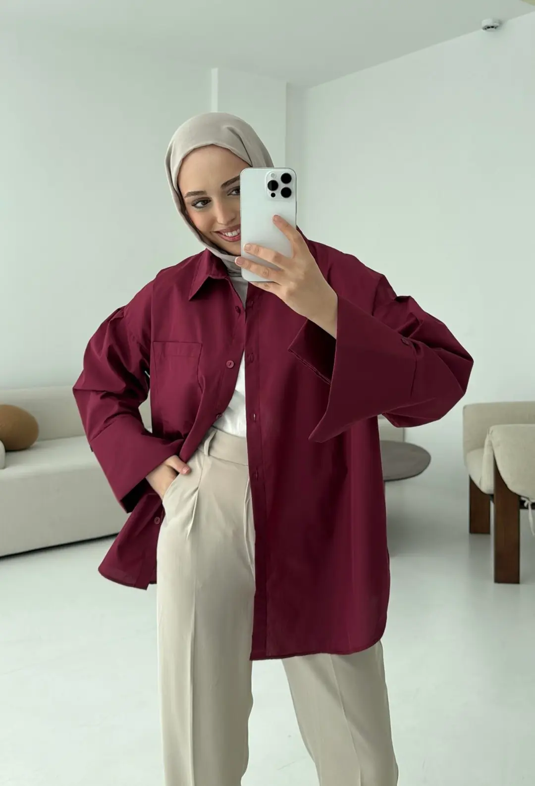 Kalın Manşetli Oversize Bordo Gömlek - Görsel 3