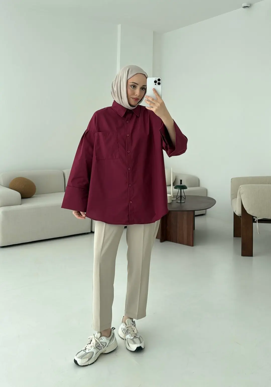 Kalın Manşetli Oversize Bordo Gömlek - Görsel 4