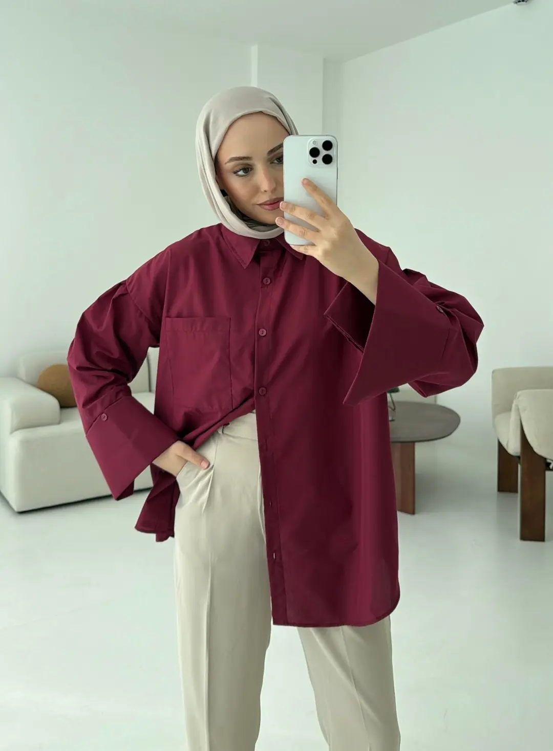 Kalın Manşetli Oversize Bordo Gömlek - Görsel 6