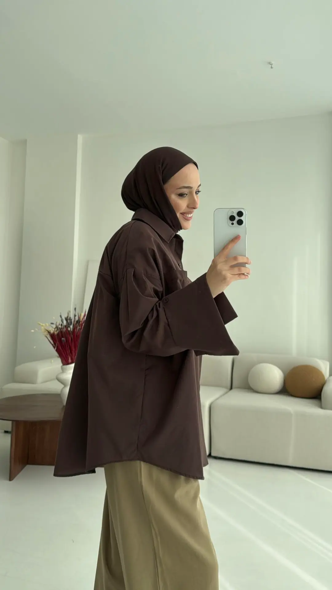 Kalın Manşetli Oversize Kahve Gömlek - Görsel 8