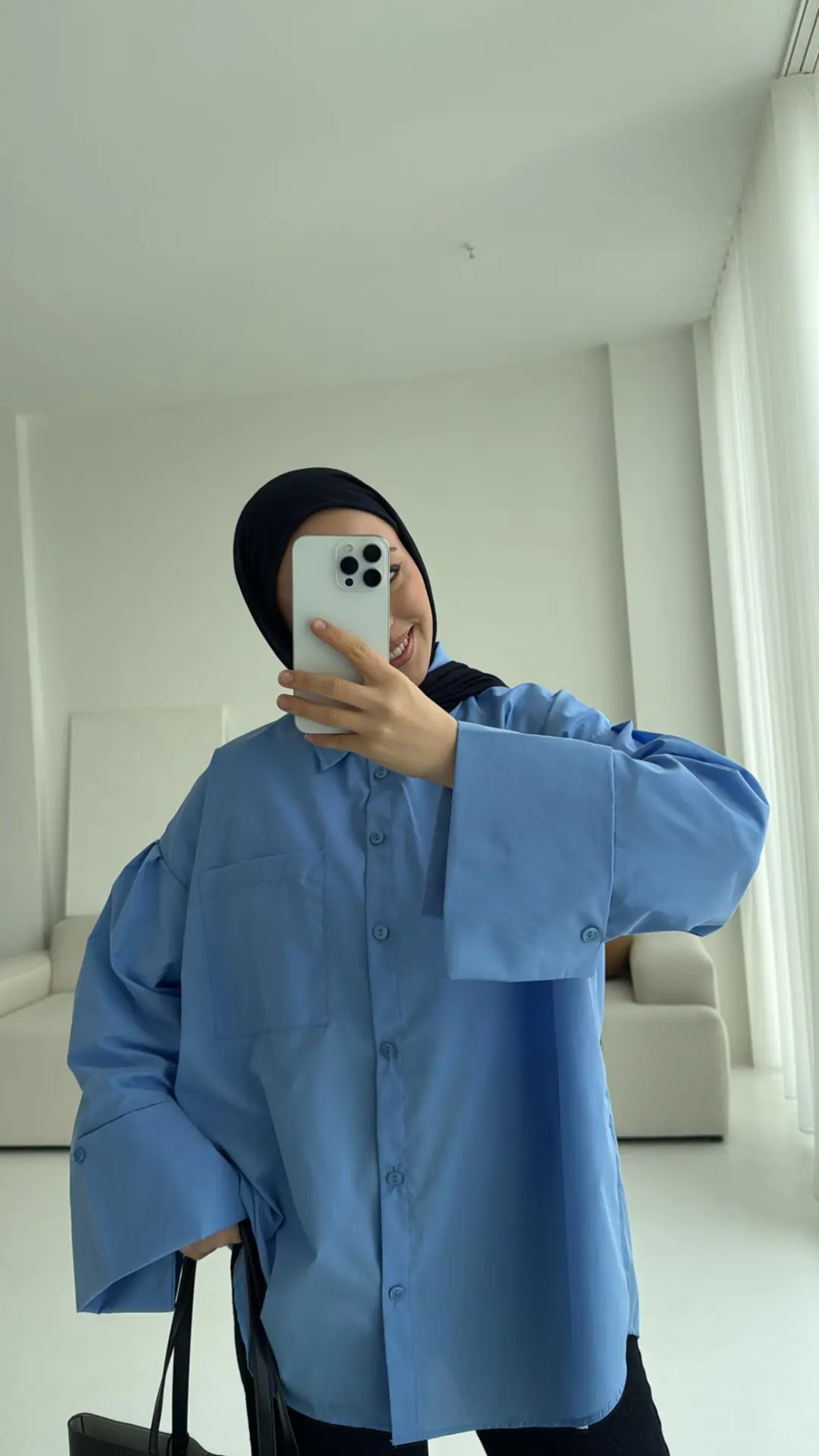 Kalın Manşetli Oversize Mavi Gömlek - Görsel 3