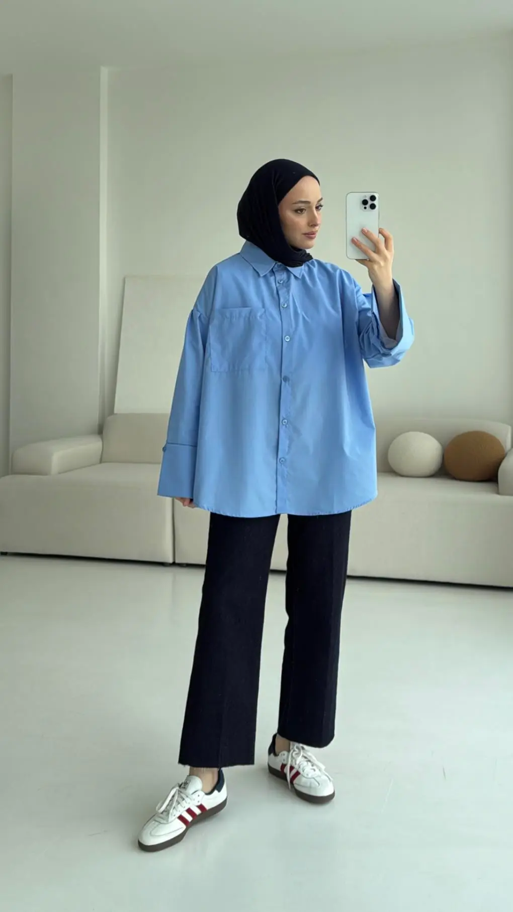 Kalın Manşetli Oversize Mavi Gömlek - Görsel 4