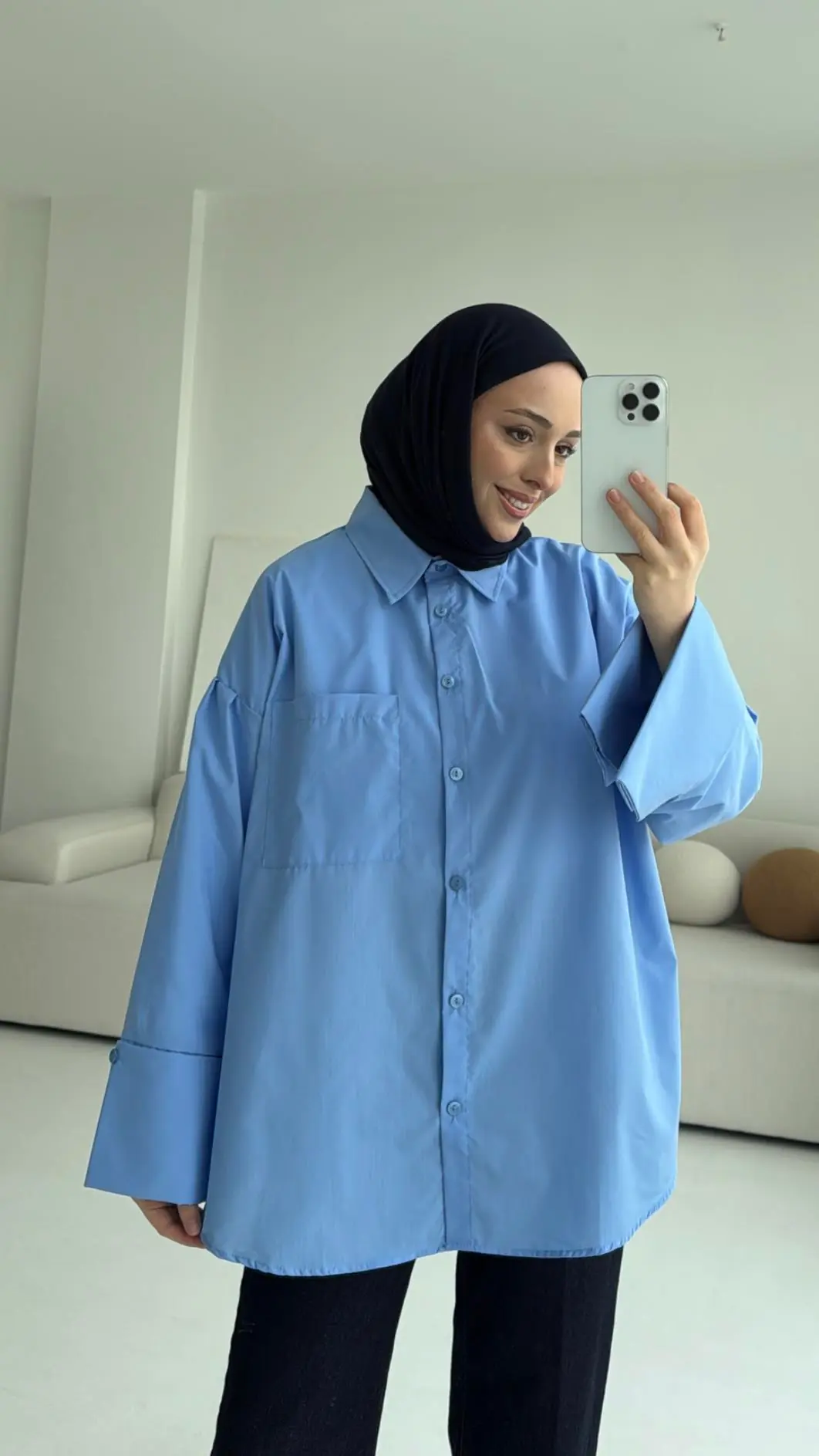 Kalın Manşetli Oversize Mavi Gömlek - Görsel 5