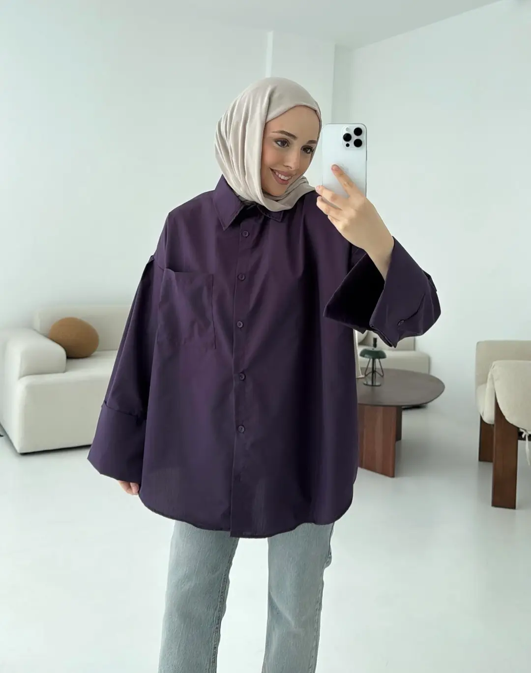 Kalın Manşetli Oversize Mor Gömlek