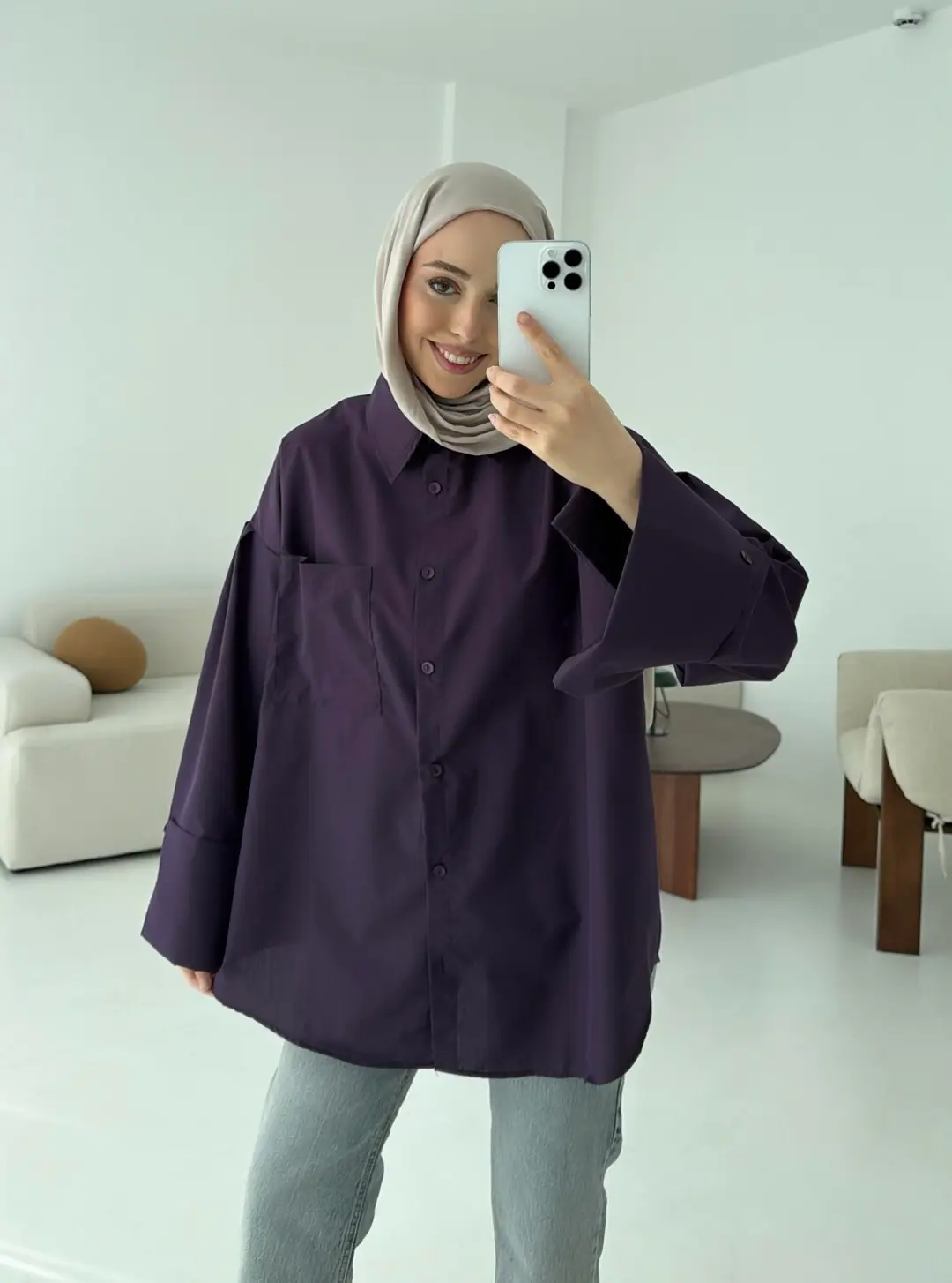 Kalın Manşetli Oversize Mor Gömlek - Görsel 3