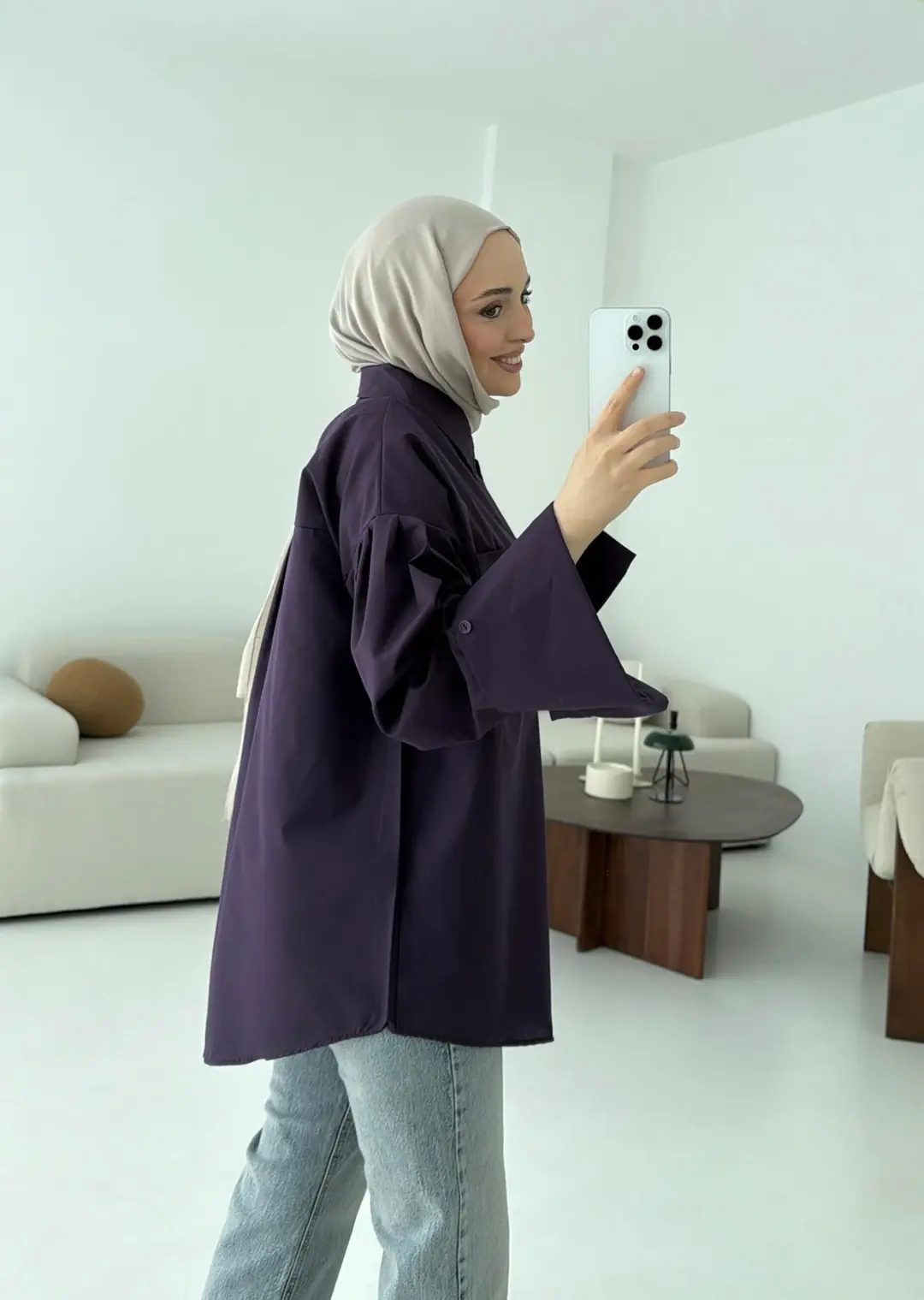 Kalın Manşetli Oversize Mor Gömlek - Görsel 5