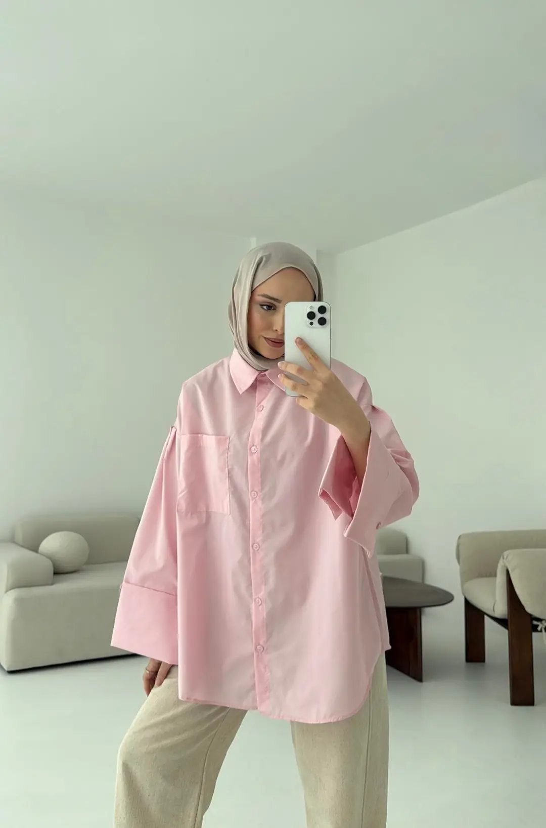 Kalın Manşetli Oversize Pembe Gömlek - Görsel 5