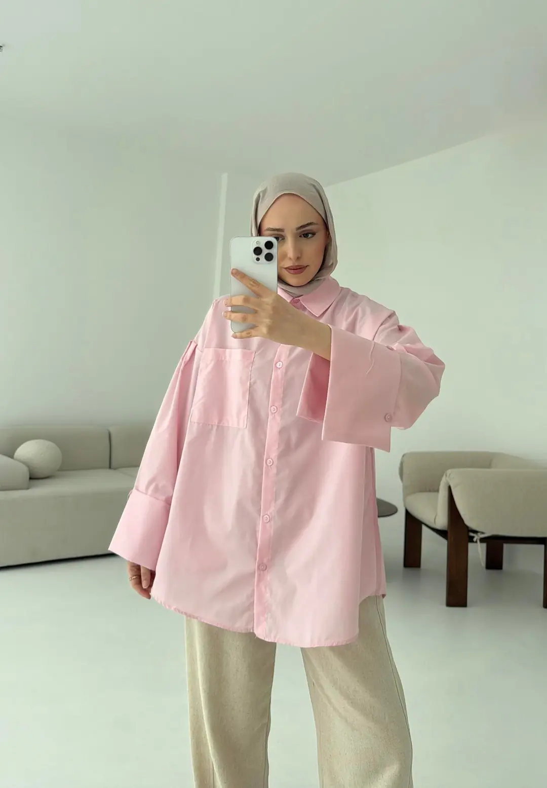 Kalın Manşetli Oversize Pembe Gömlek - Görsel 7