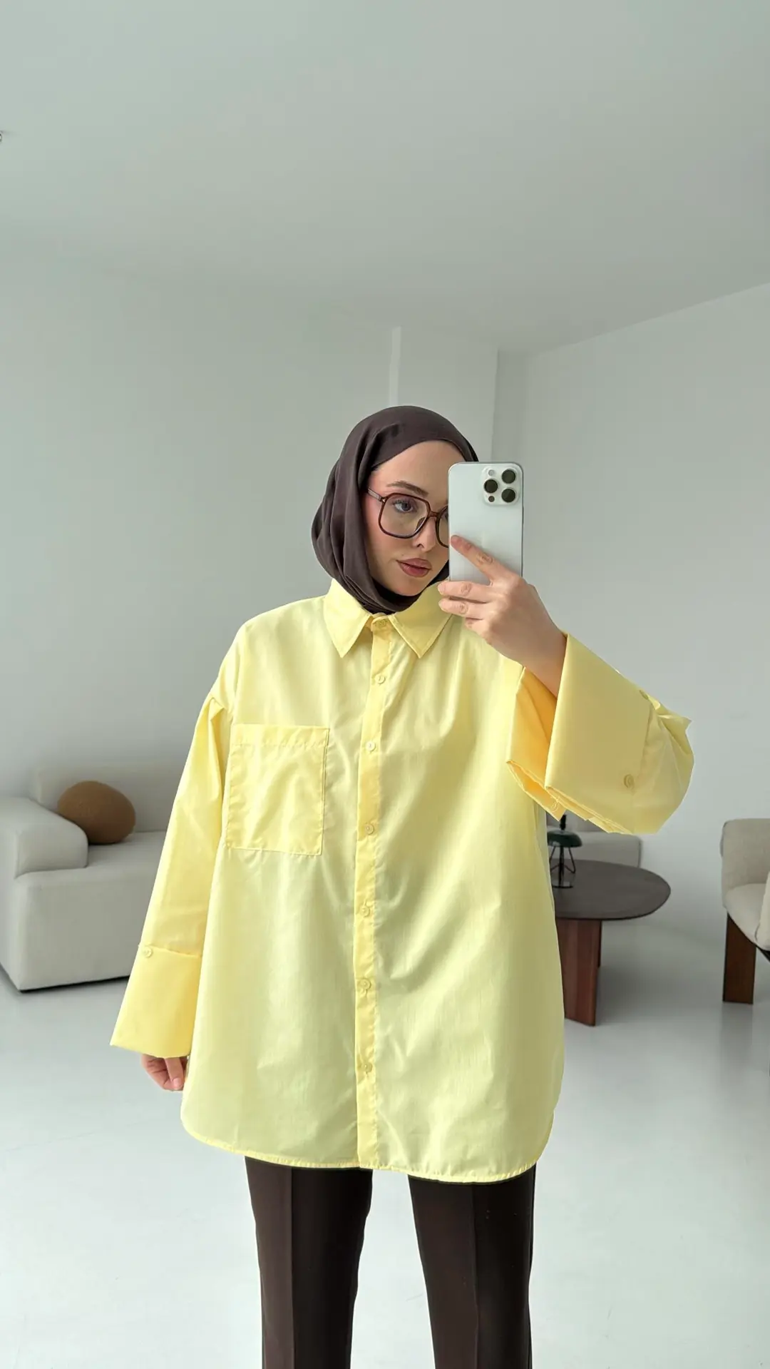 Kalın Manşetli Oversize Sarı Gömlek - Görsel 5