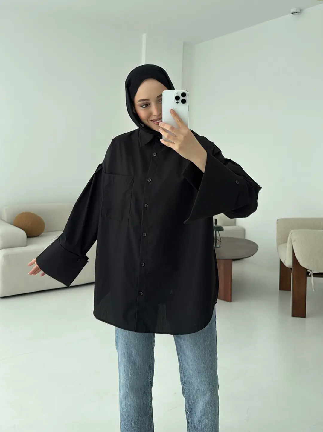 Kalın Manşetli Oversize Siyah Gömlek - Görsel 4