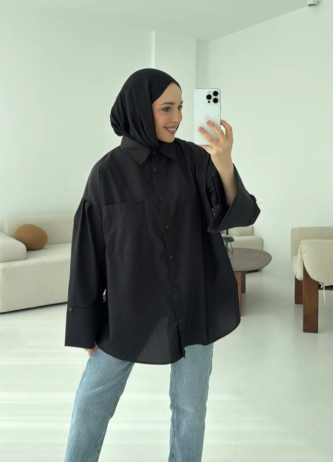 Kalın Manşetli Oversize Siyah Gömlek - Görsel 6