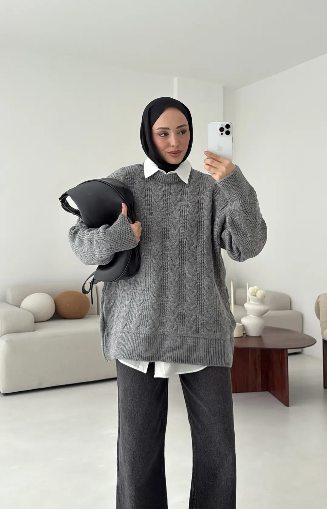 Kalın Saç Örgü Kazak Gri