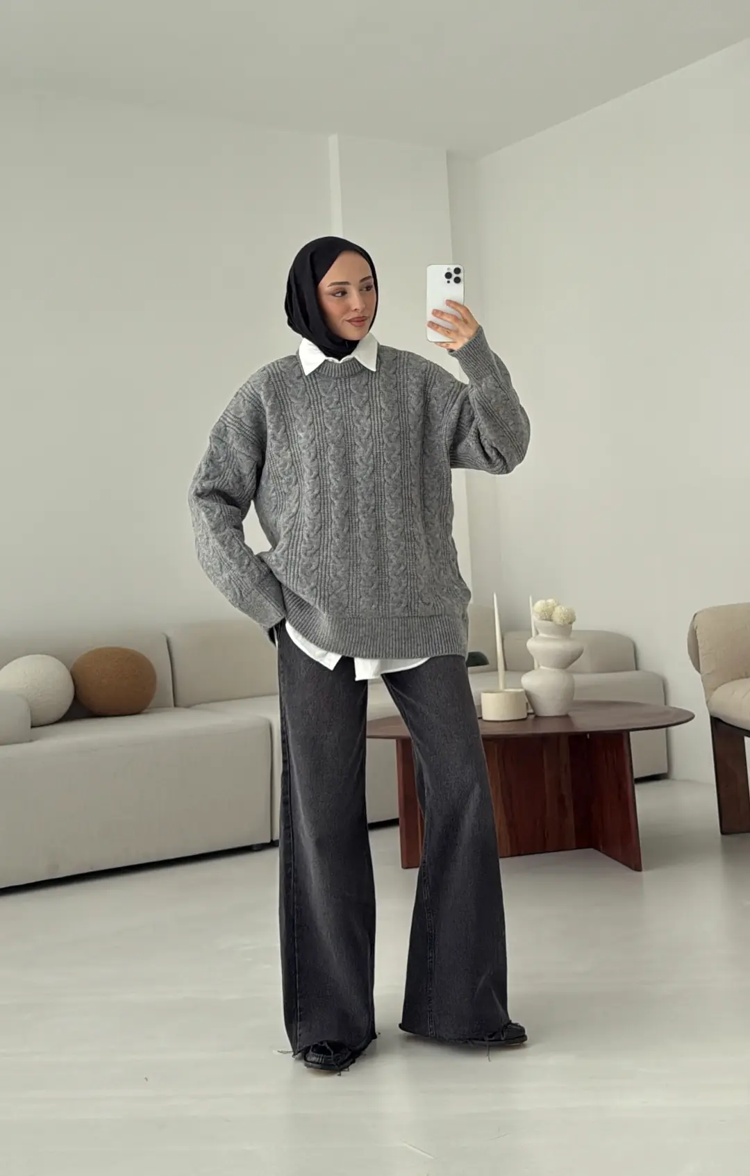 Kalın Saç Örgü Kazak Gri - Görsel 2