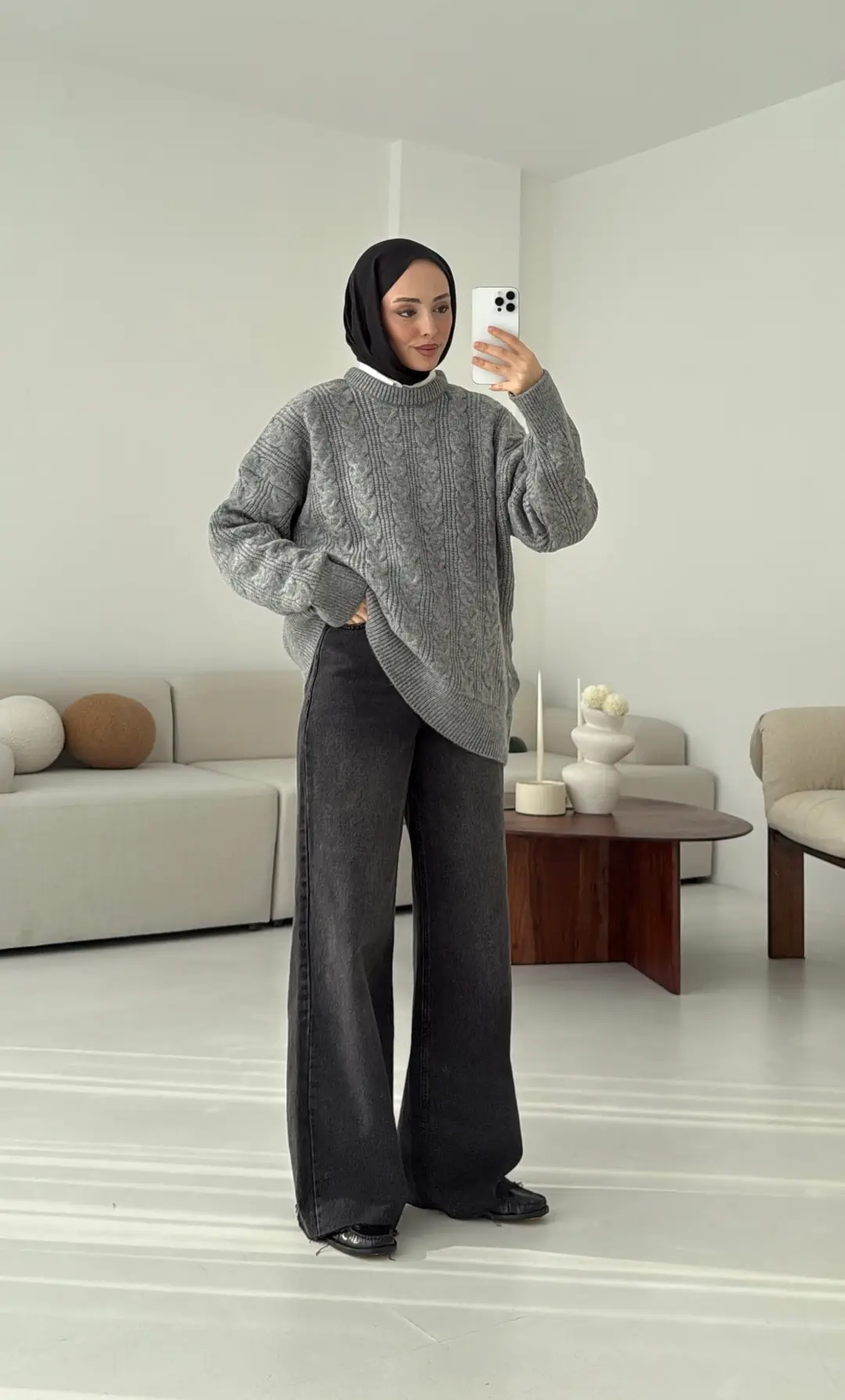 Kalın Saç Örgü Kazak Gri - Görsel 5