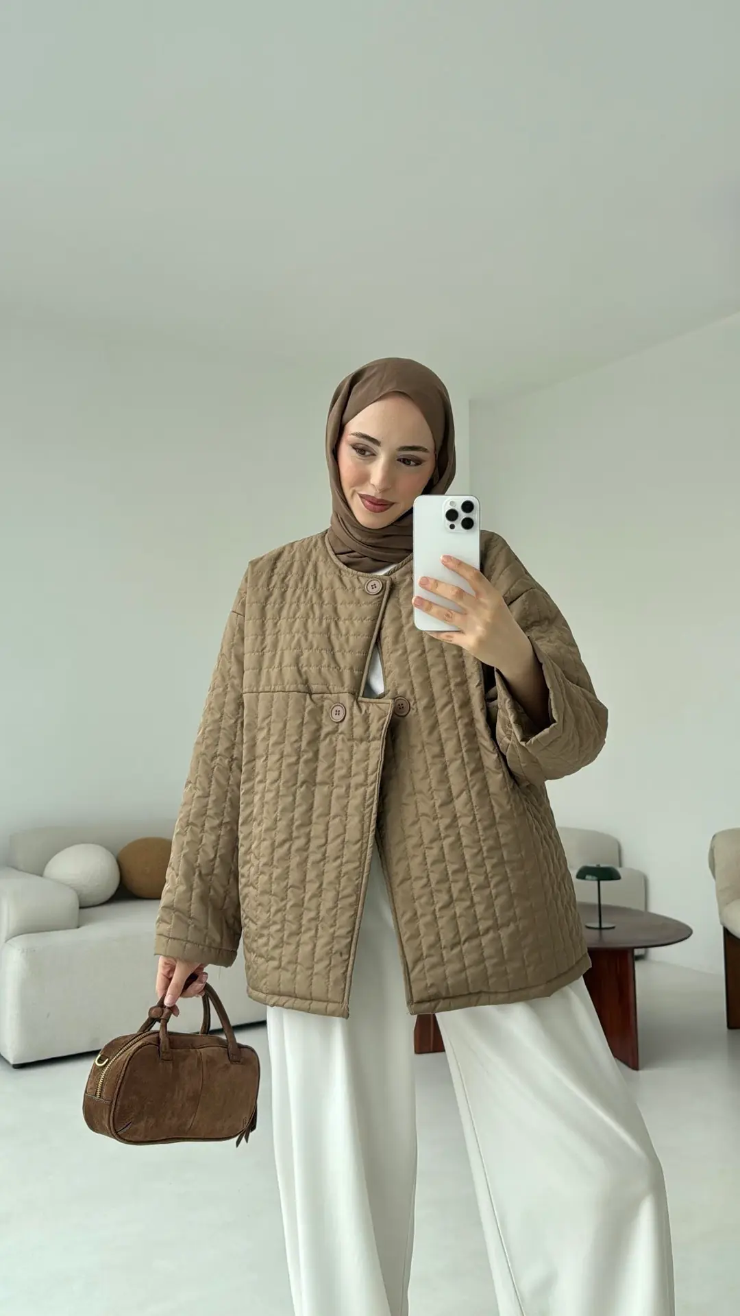 Kapitone Astarlı Ceket Acık Kahve - Görsel 2