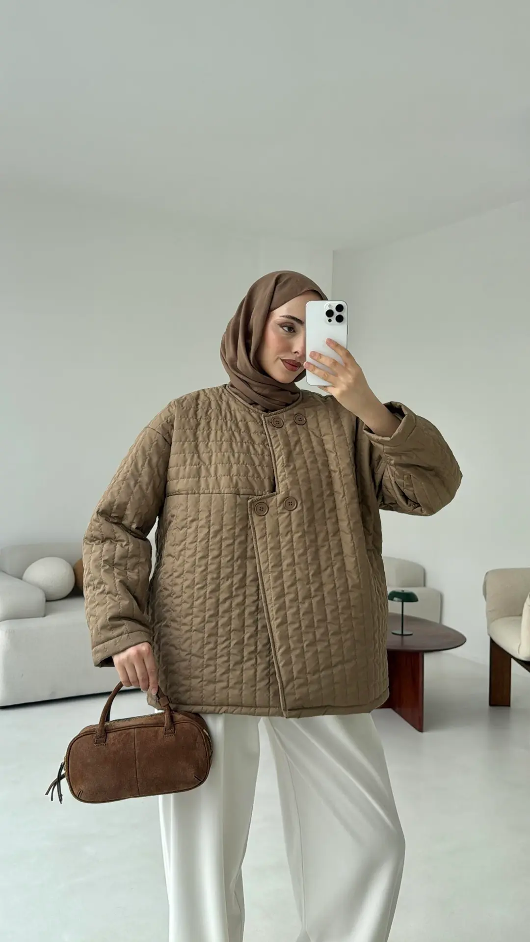 Kapitone Astarlı Ceket Acık Kahve - Görsel 3