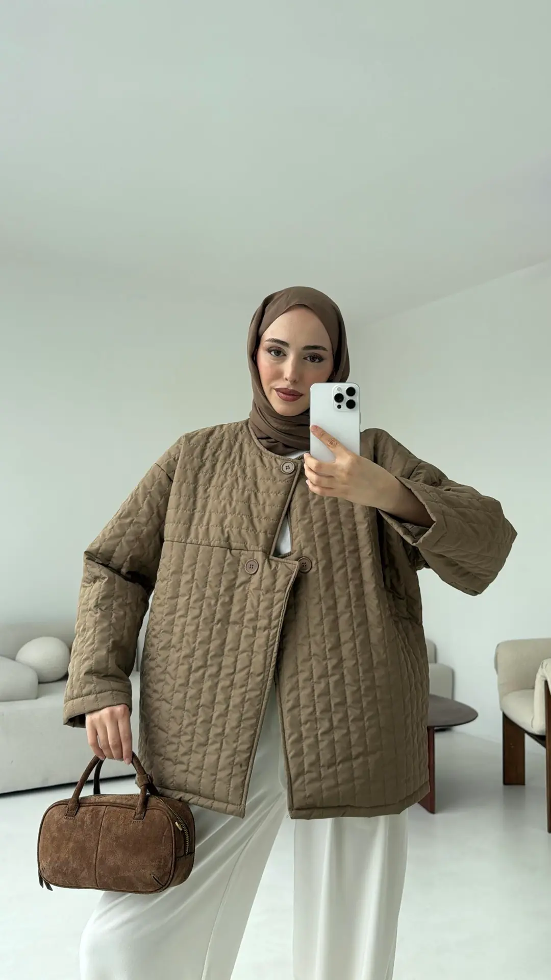 Kapitone Astarlı Ceket Acık Kahve - Görsel 4