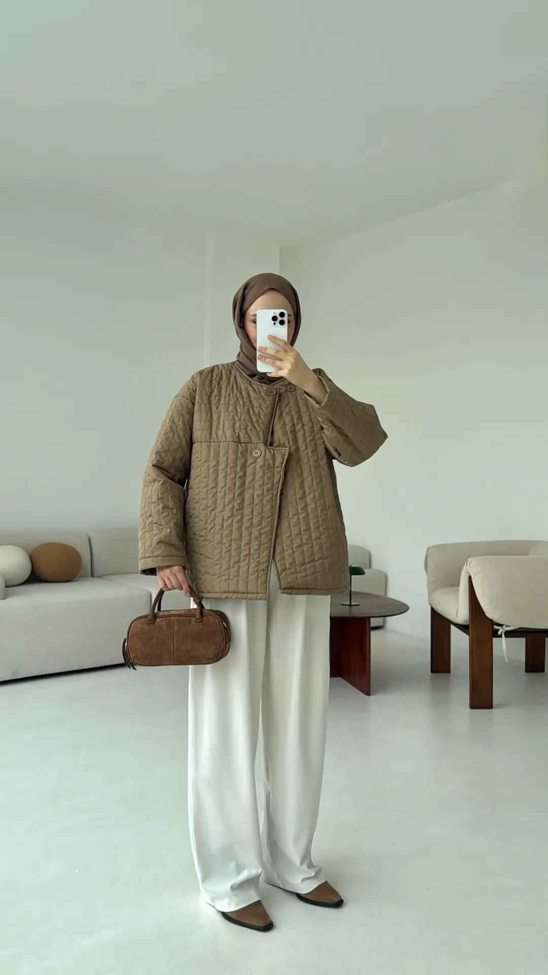 Kapitone Astarlı Ceket Acık Kahve - Görsel 5