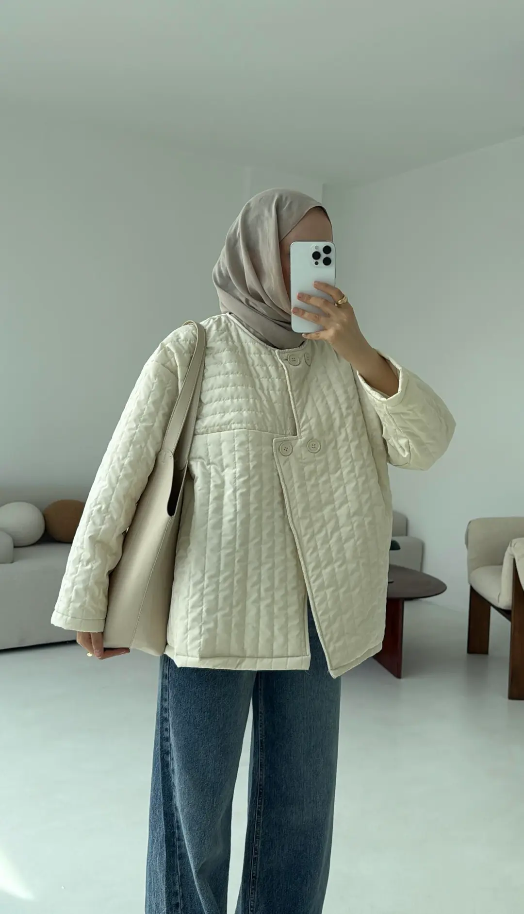 Kapitone Astarlı Ceket Krem - Görsel 4