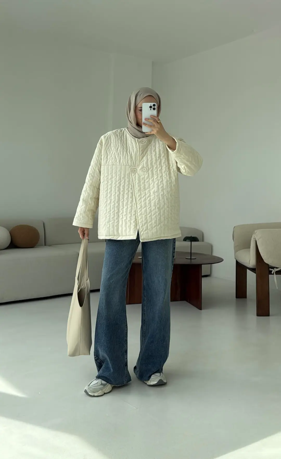 Kapitone Astarlı Ceket Krem - Görsel 5