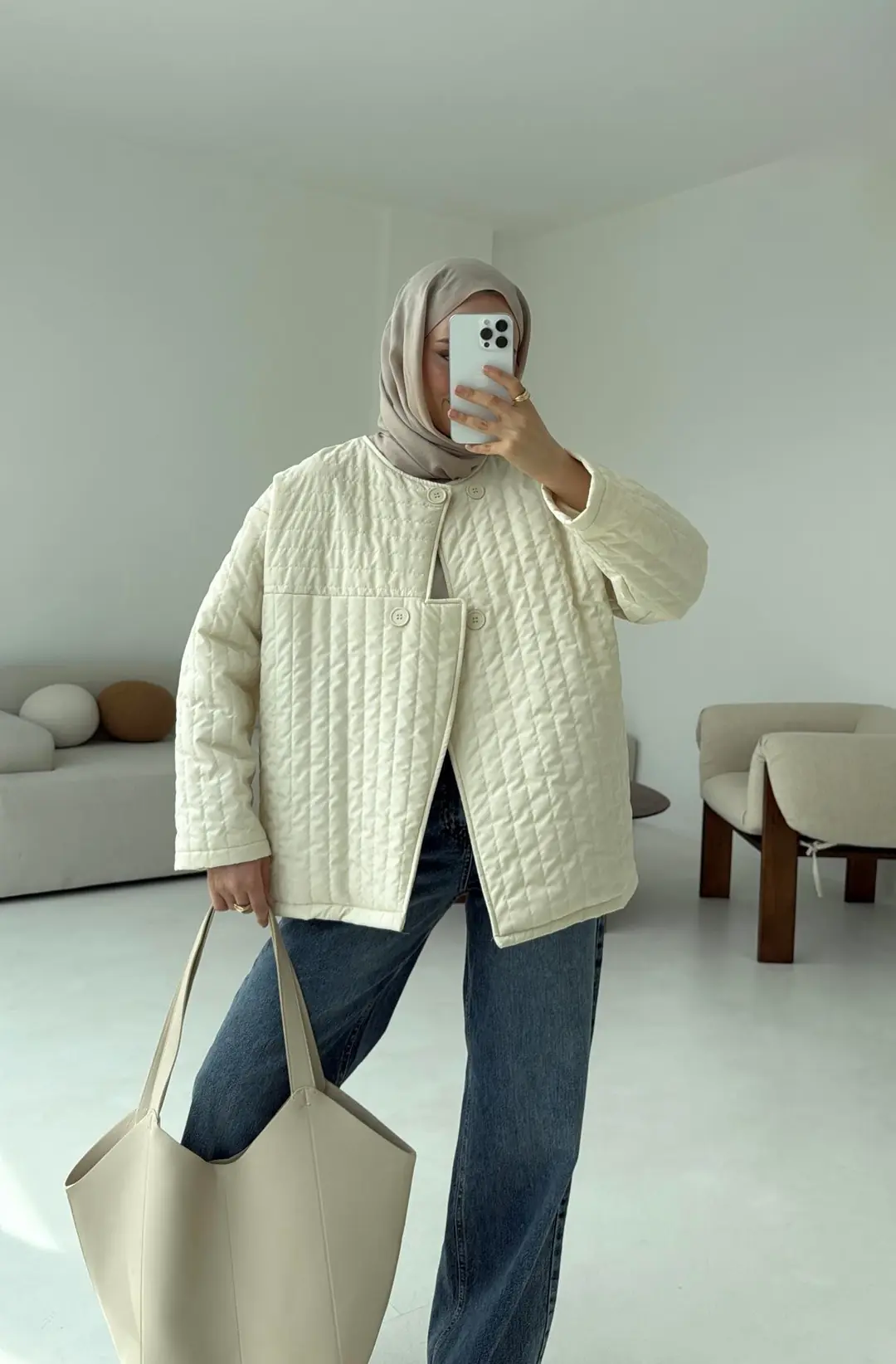 Kapitone Astarlı Ceket Krem - Görsel 9