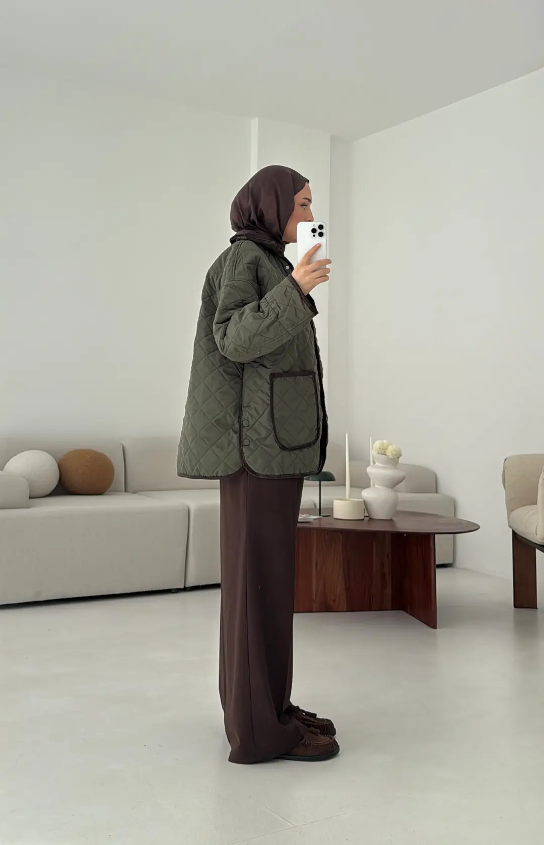 Kapitone Kadife Geçişli Ceket Haki - Görsel 3