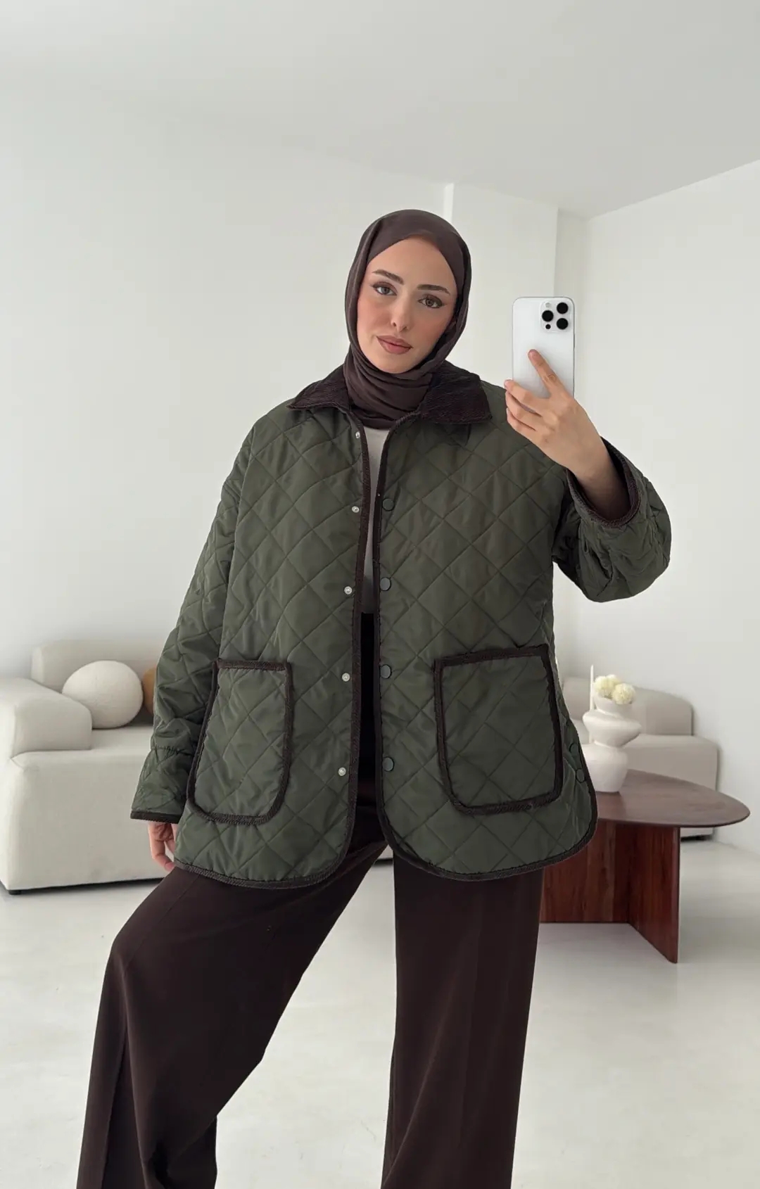 Kapitone Kadife Geçişli Ceket Haki - Görsel 4