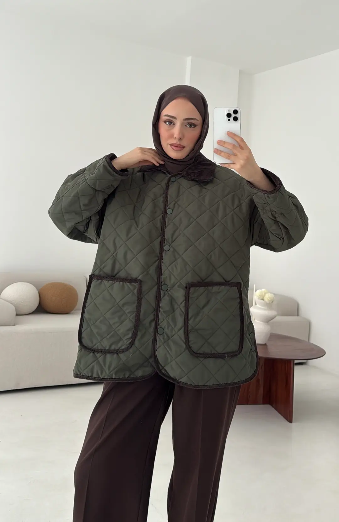 Kapitone Kadife Geçişli Ceket Haki - Görsel 6