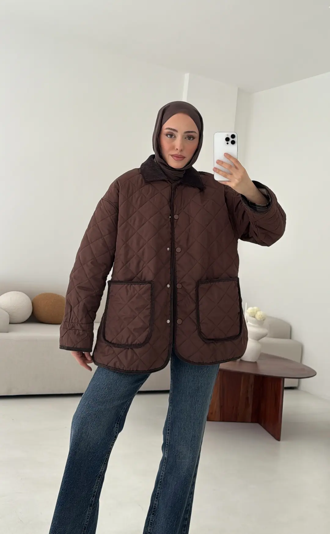 Kapitone Kadife Geçişli Ceket Kahve - Görsel 2