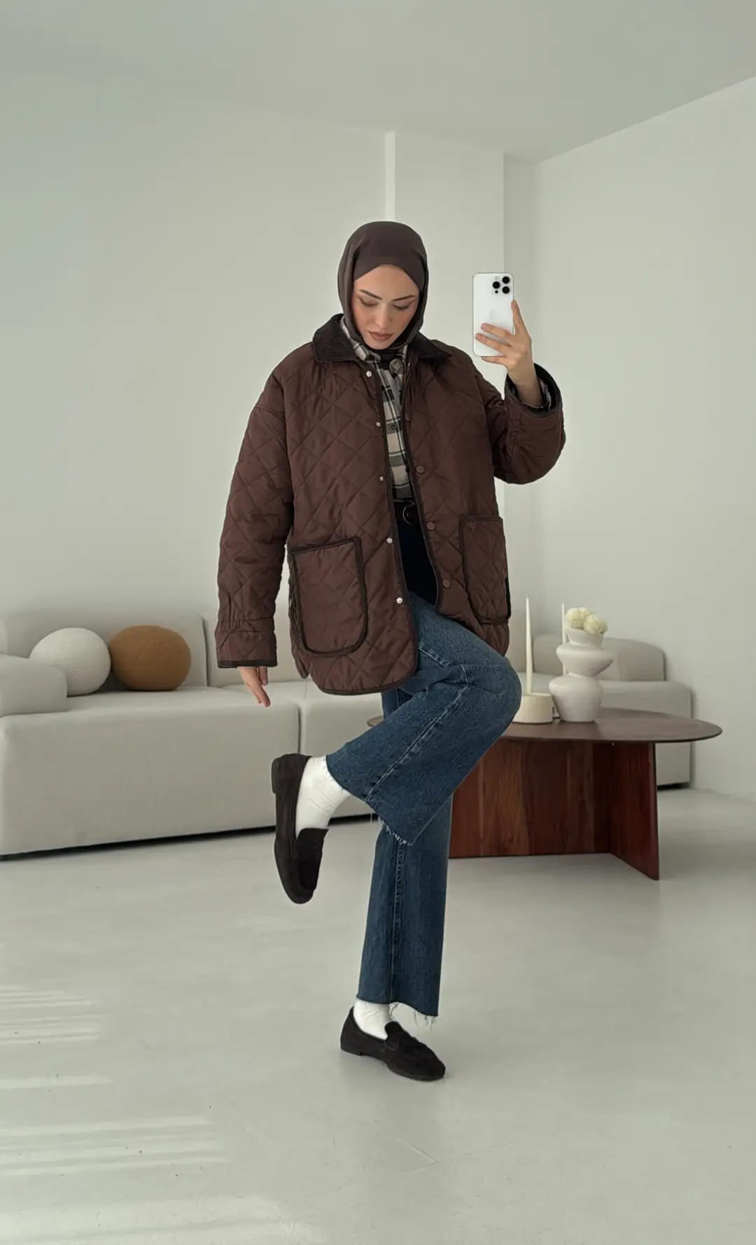 Kapitone Kadife Geçişli Ceket Kahve - Görsel 5