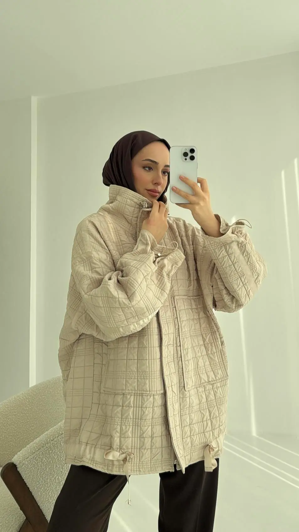 Kapitone Oversize Kol Detay Ceket Bej