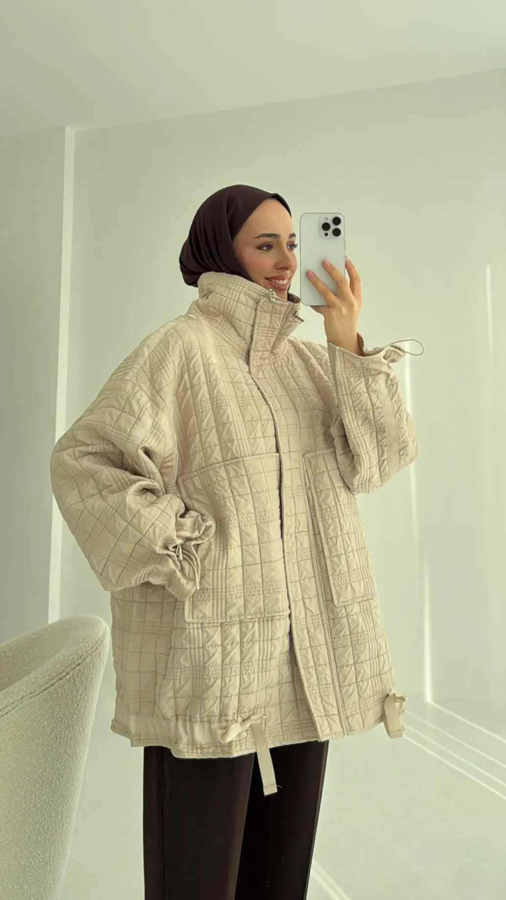 Kapitone Oversize Kol Detay Ceket Bej - Görsel 5