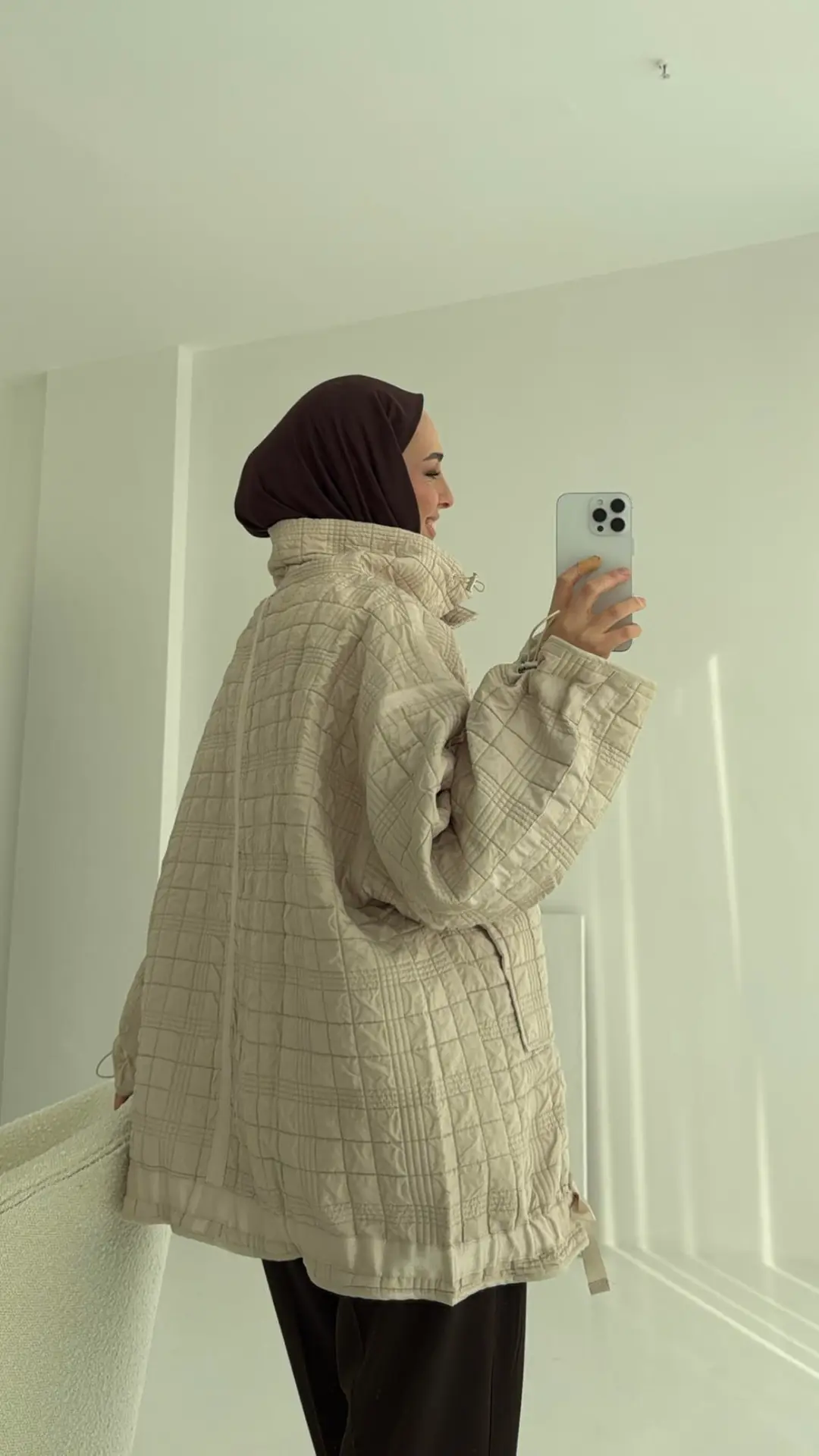 Kapitone Oversize Kol Detay Ceket Bej - Görsel 7