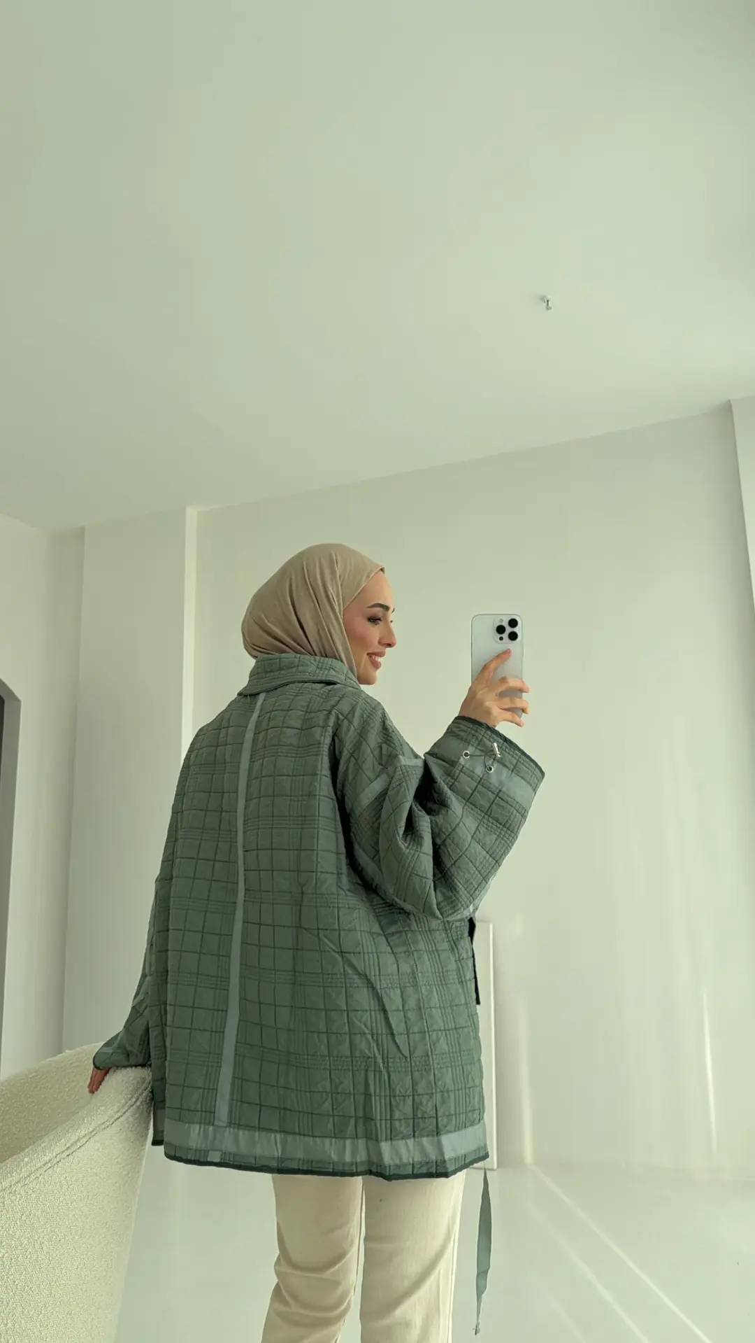 Kapitone Oversize Kol Detay Ceket Yeşil - Görsel 5