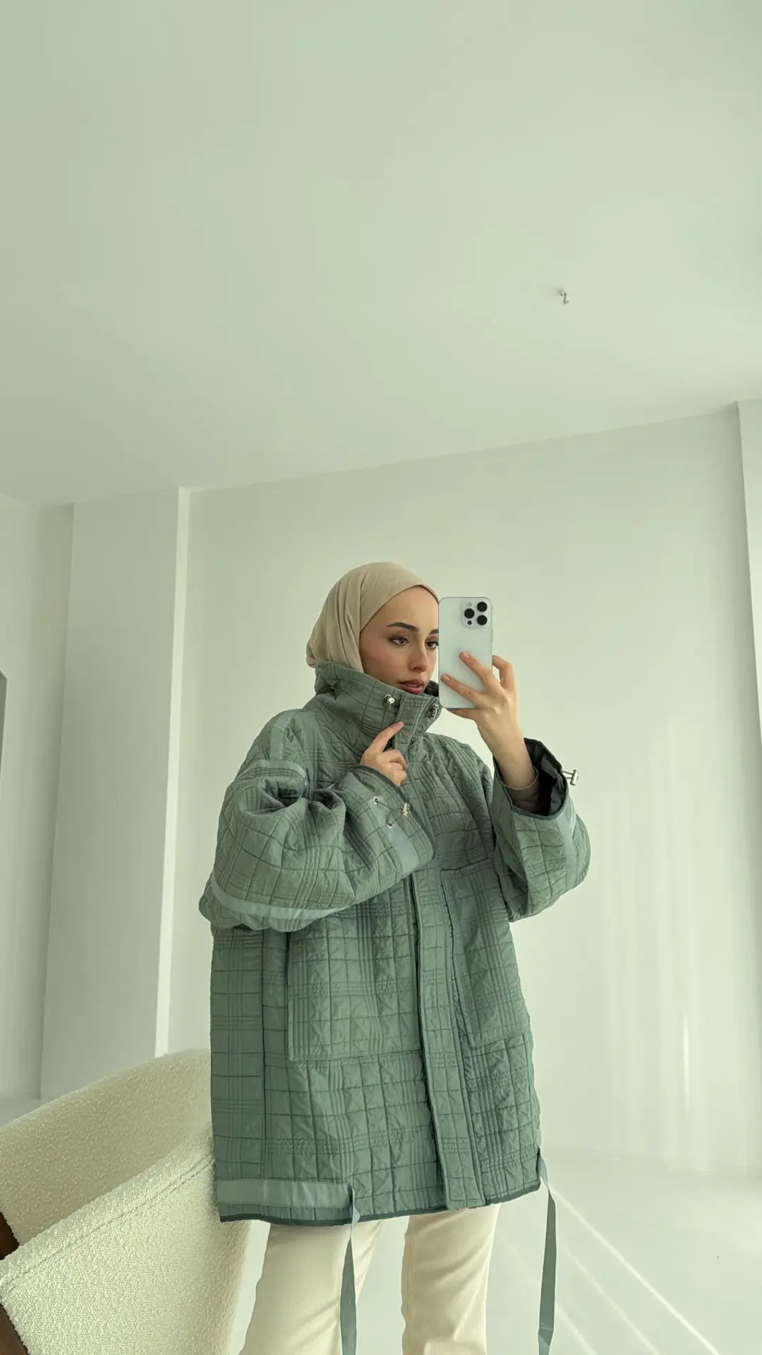 Kapitone Oversize Kol Detay Ceket Yeşil - Görsel 6