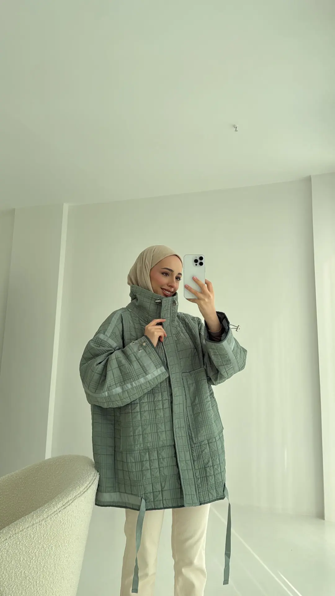 Kapitone Oversize Kol Detay Ceket Yeşil - Görsel 7