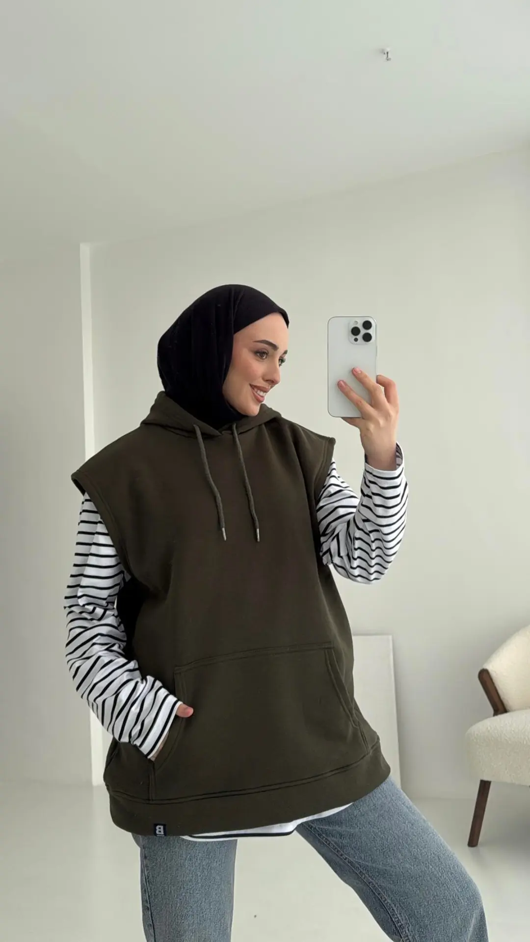 Kapüşonlu Çizgili İki Parçalı Sweat Haki