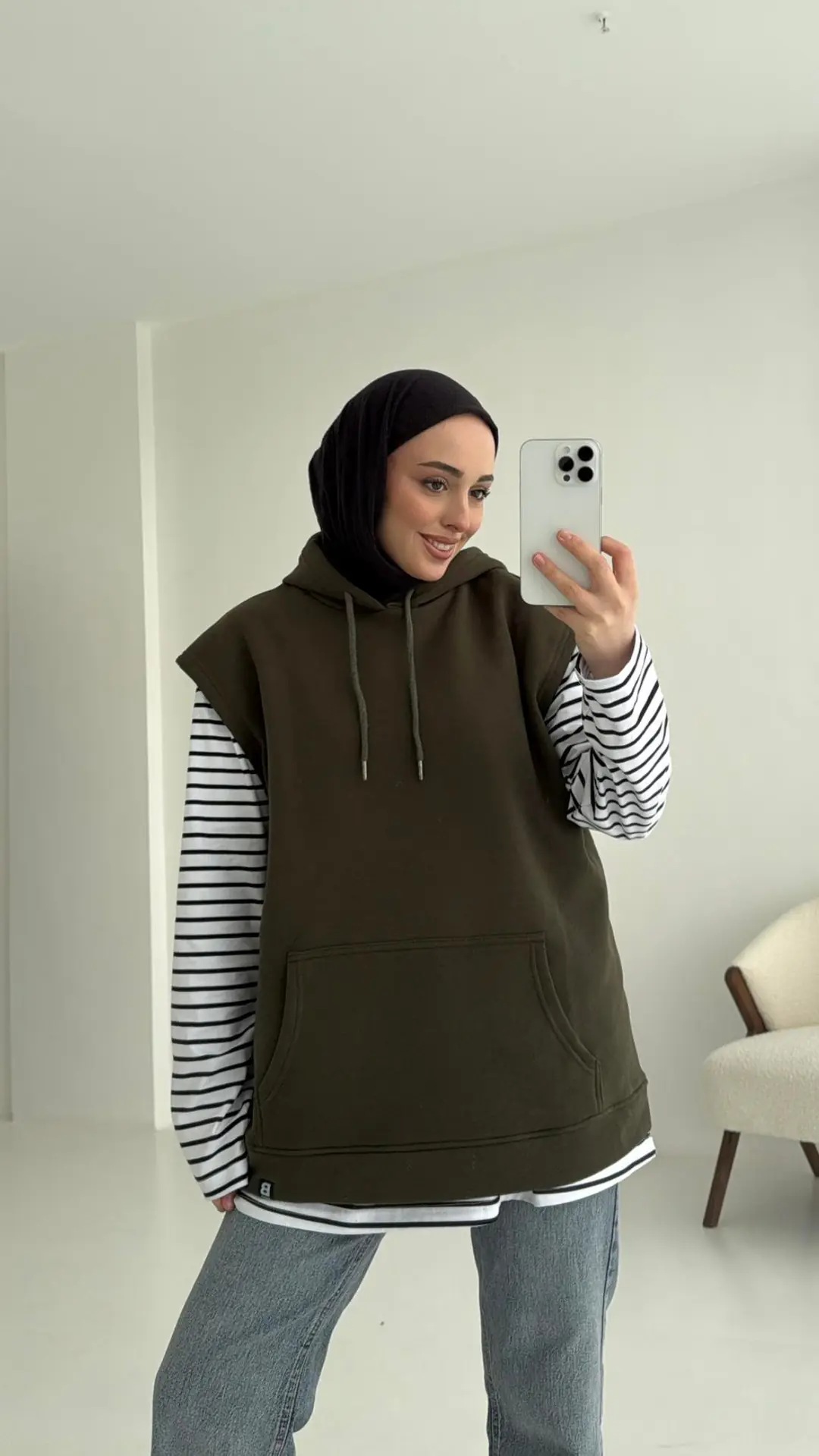 Kapüşonlu Çizgili İki Parçalı Sweat Haki - Görsel 2