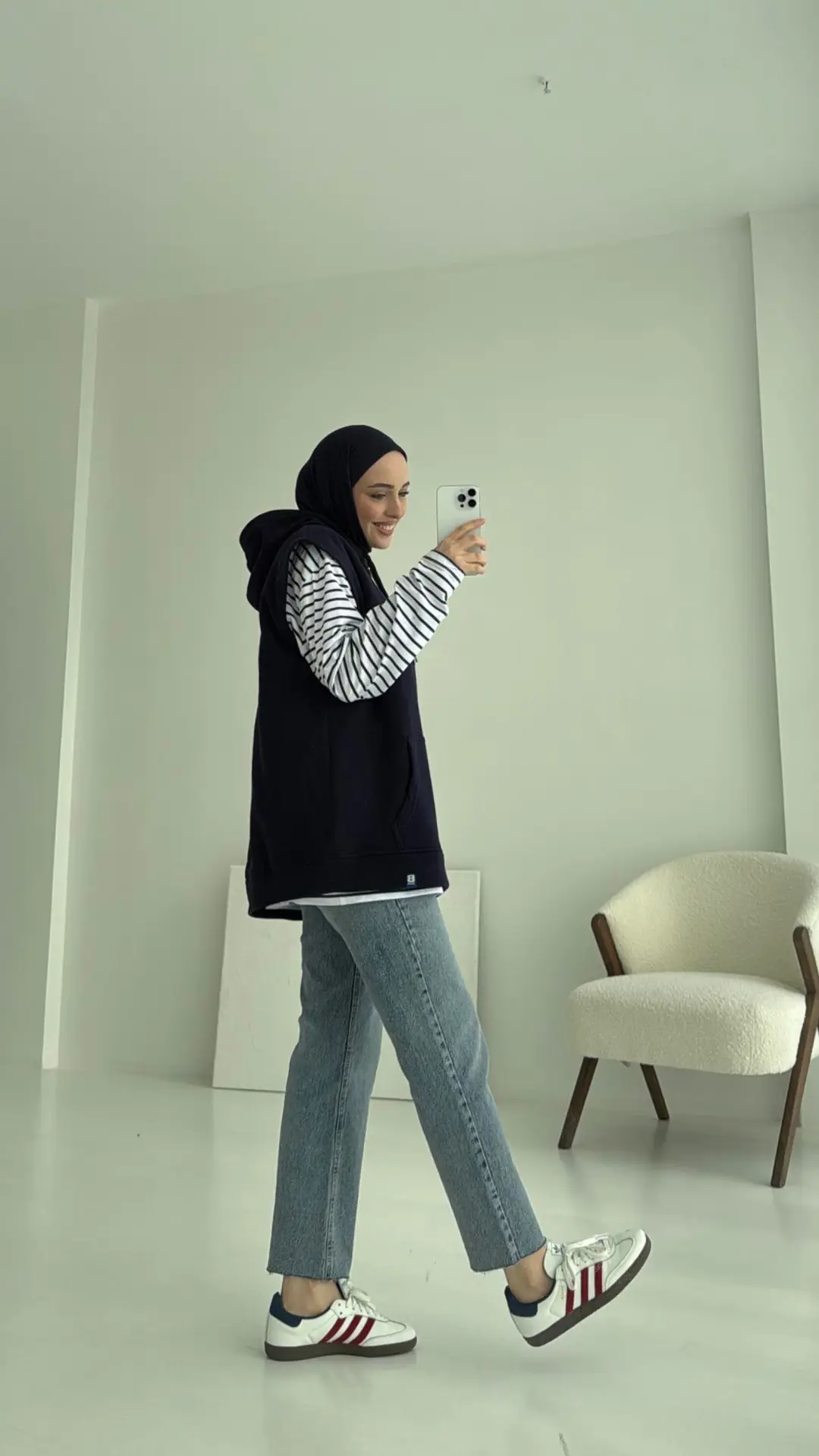 Kapüşonlu Çizgili İki Parçalı Sweat Lacivert