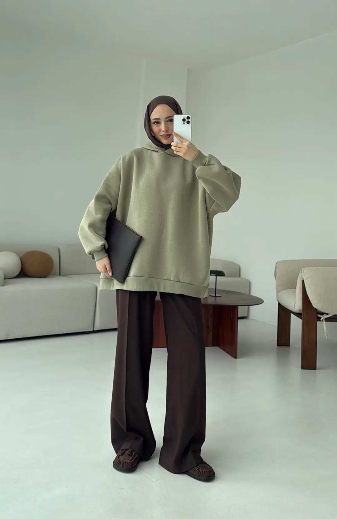 Kapüşonlu Oversize Şardonlu Sweatshirt Cagla - Görsel 2