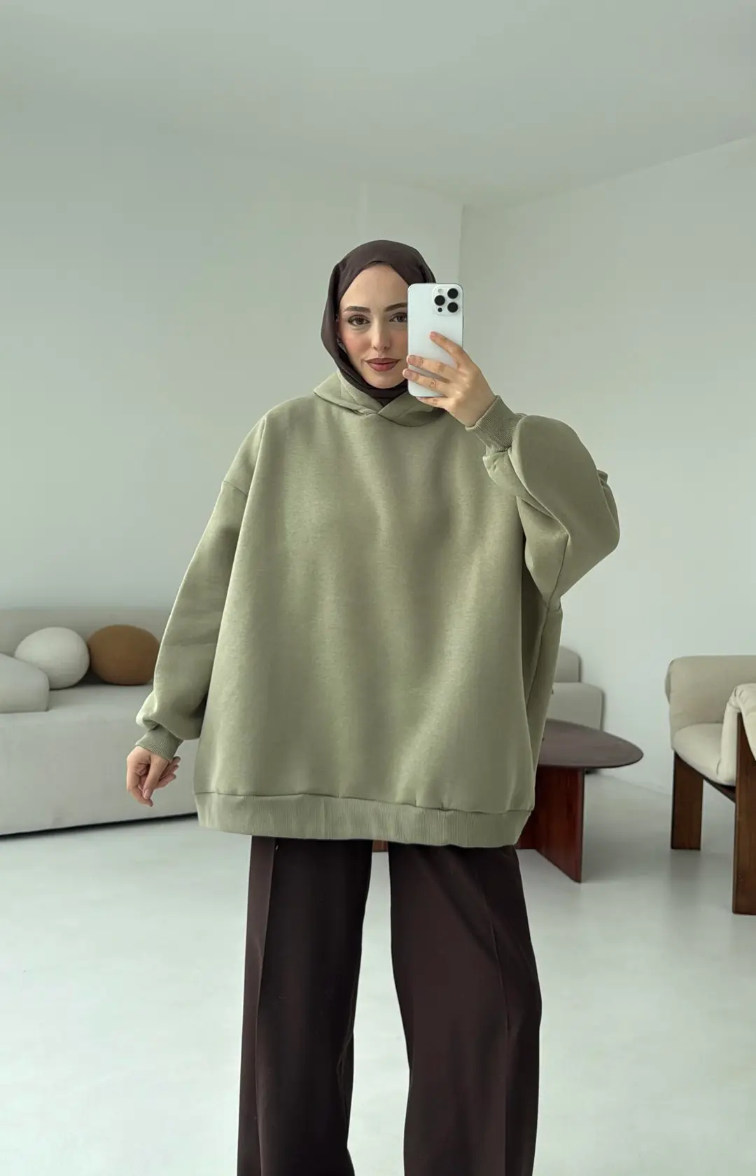 Kapüşonlu Oversize Şardonlu Sweatshirt Cagla - Görsel 4